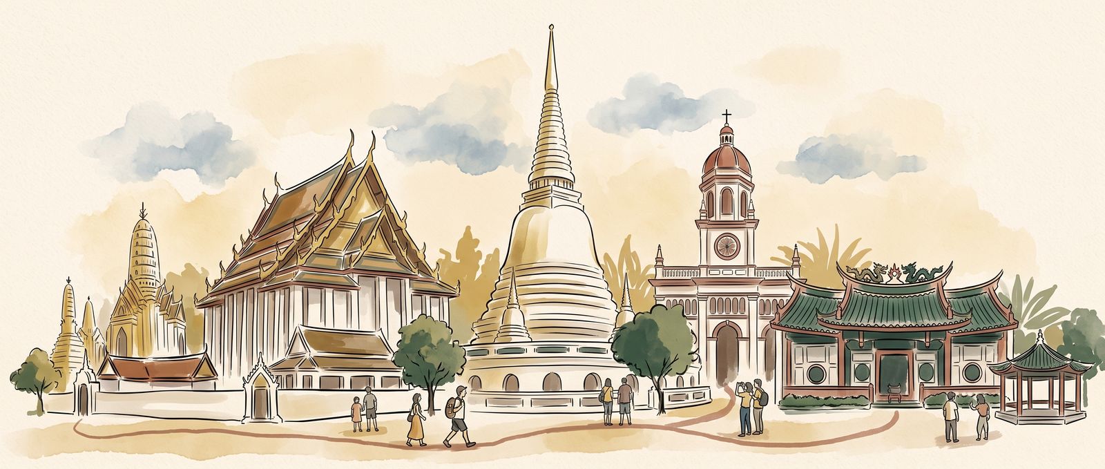 ภาพวาดวัดไทย โบสถ์ซางตาครู้ส และศาลเจ้าจีน ย่านกุฎีจีน-คลองสาน